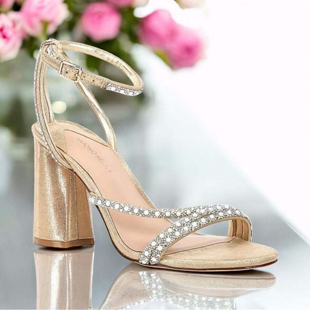 Antonio Melani KAMERON Pearl Rhinestone Metallic Strap Block Heel Dress Sandal